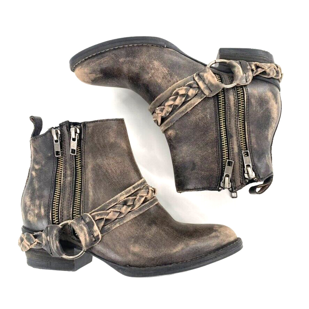 Very Volatile Distressed Leather Cowboy Ankle Boots Sz 7 Harness Braided Strap